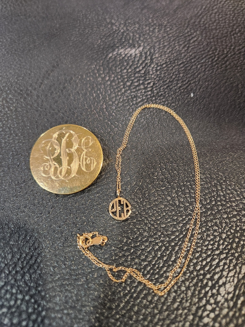 12k Gold Brooch and 14k Gold Pendant Necklace, monogram